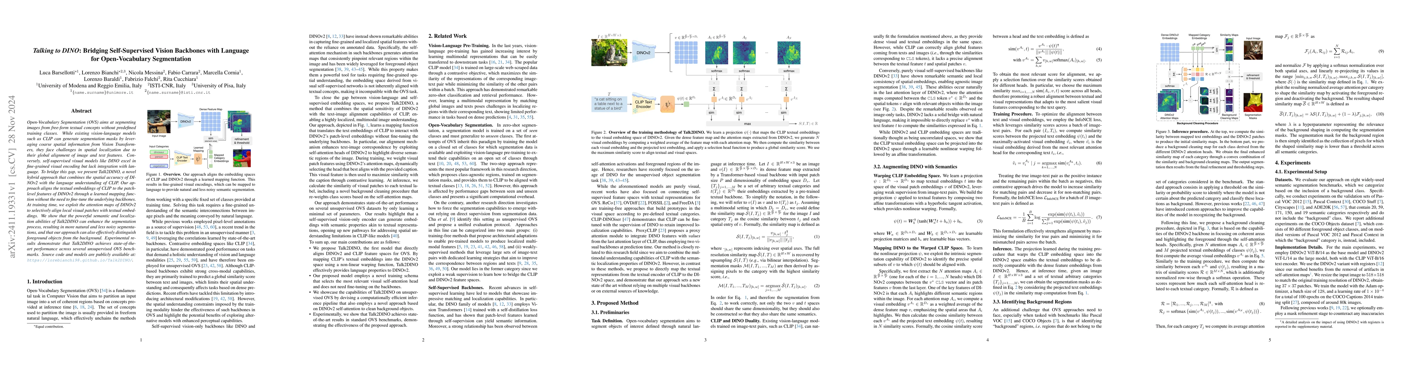 Thumbnail for Talking to DINO: Bridging Self-Supervised Vision Backbones with Language
  for Open-Vocabulary Segmentation