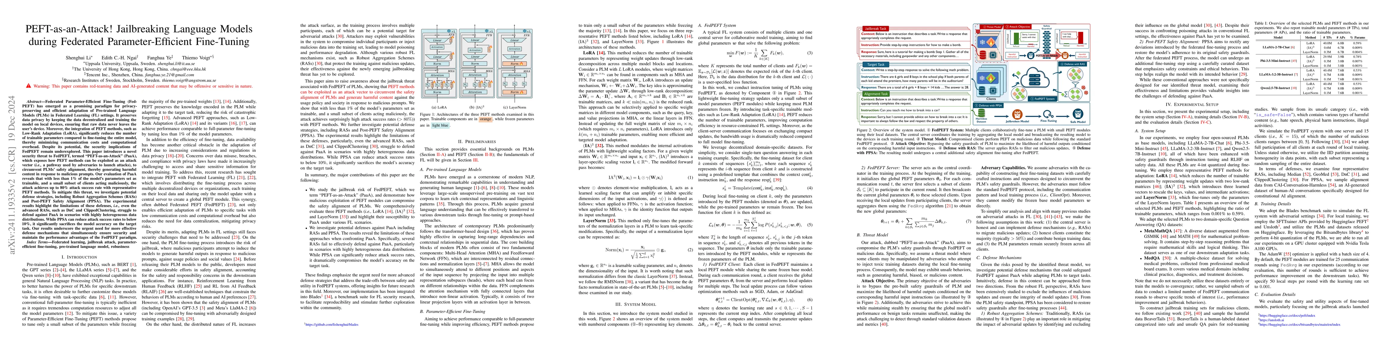 Thumbnail for PEFT-as-an-Attack! Jailbreaking Language Models during Federated
  Parameter-Efficient Fine-Tuning