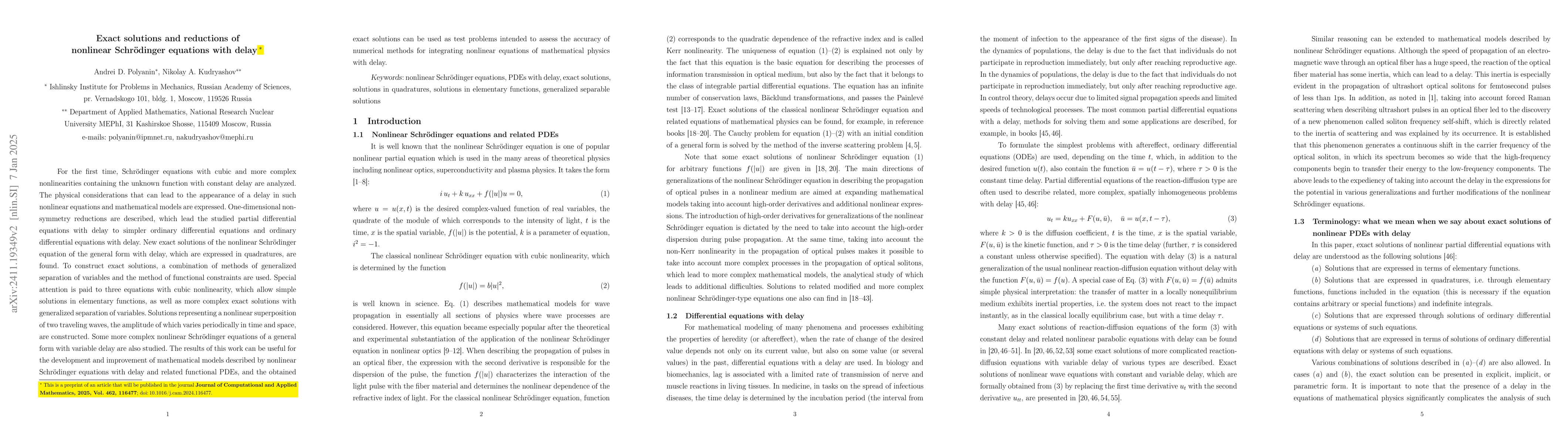 Thumbnail for Exact solutions and reductions of nonlinear Schrödinger equations with
  delay