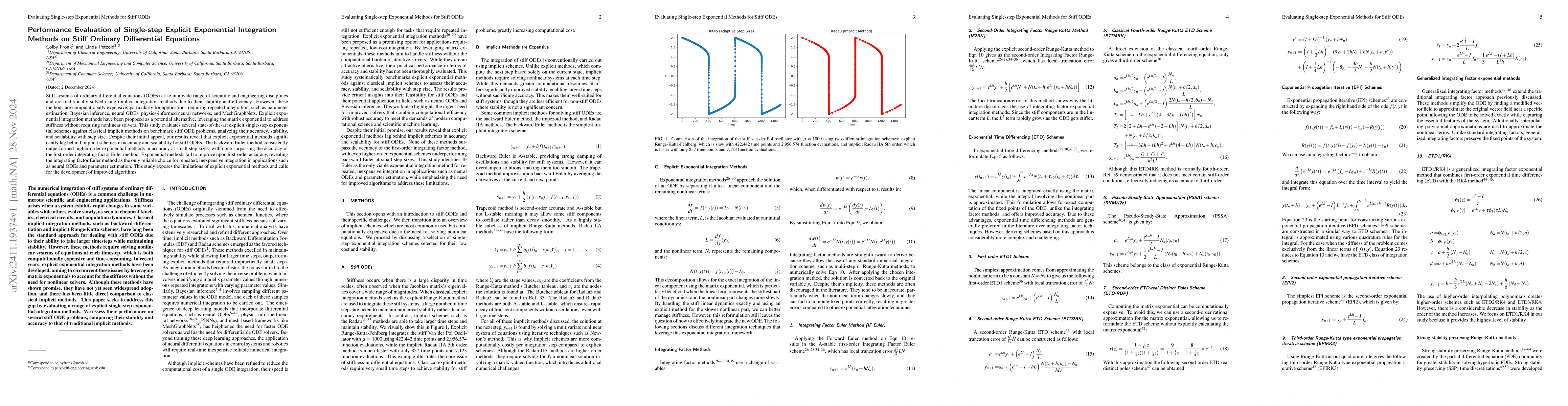 Thumbnail for Performance Evaluation of Single-step Explicit Exponential Integration
  Methods on Stiff Ordinary Differential Equations