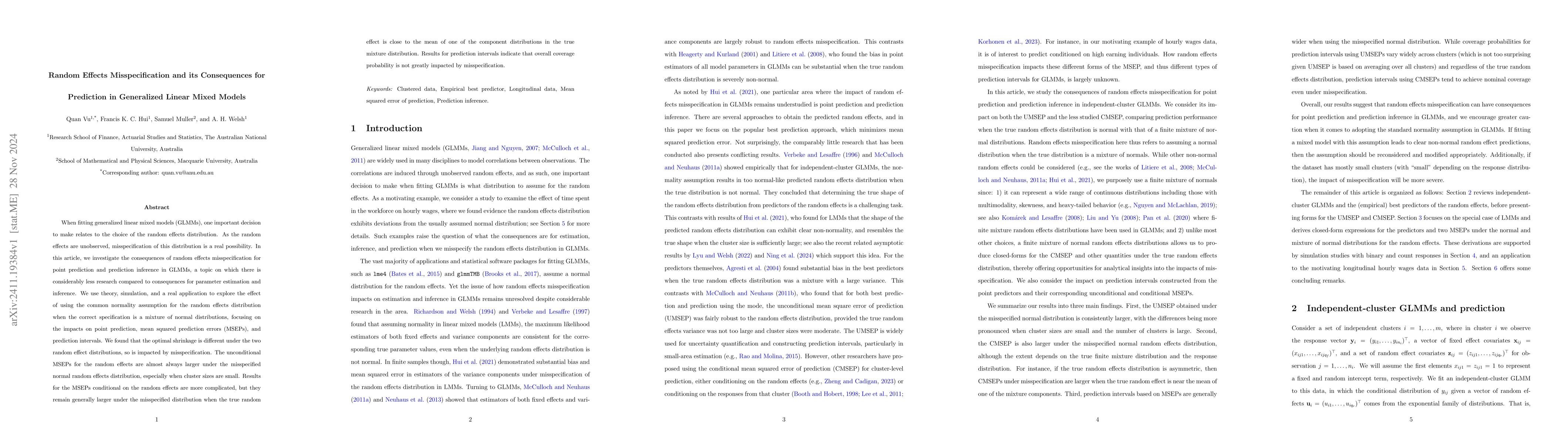 Thumbnail for Random Effects Misspecification and its Consequences for Prediction in
  Generalized Linear Mixed Models