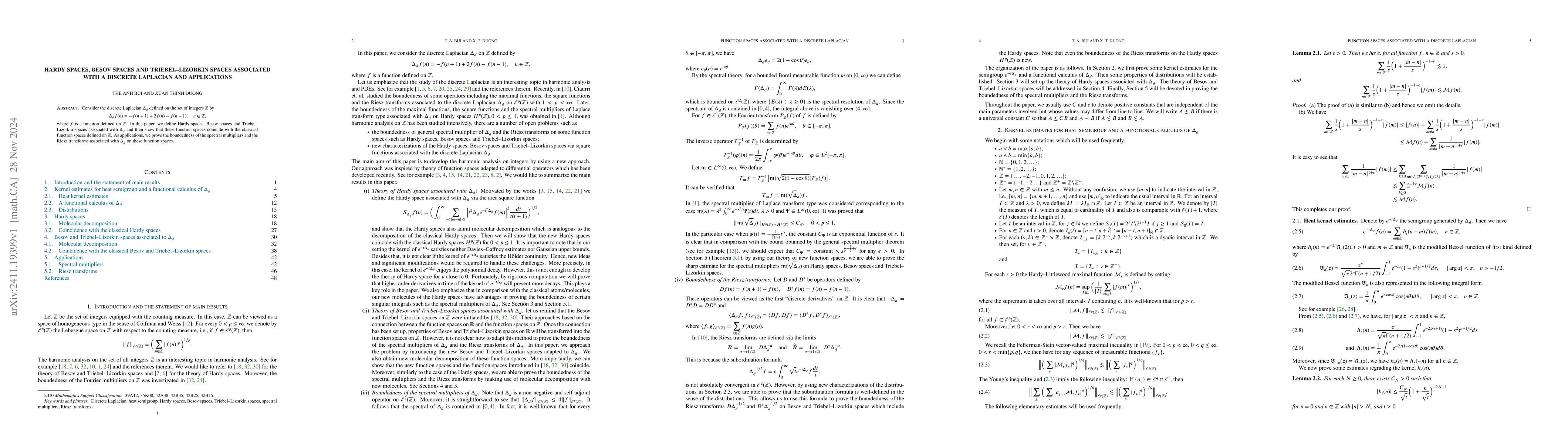 Thumbnail for Hardy spaces, Besov spaces and Triebel--Lizorkin spaces associated with
  a discrete Laplacian and applications