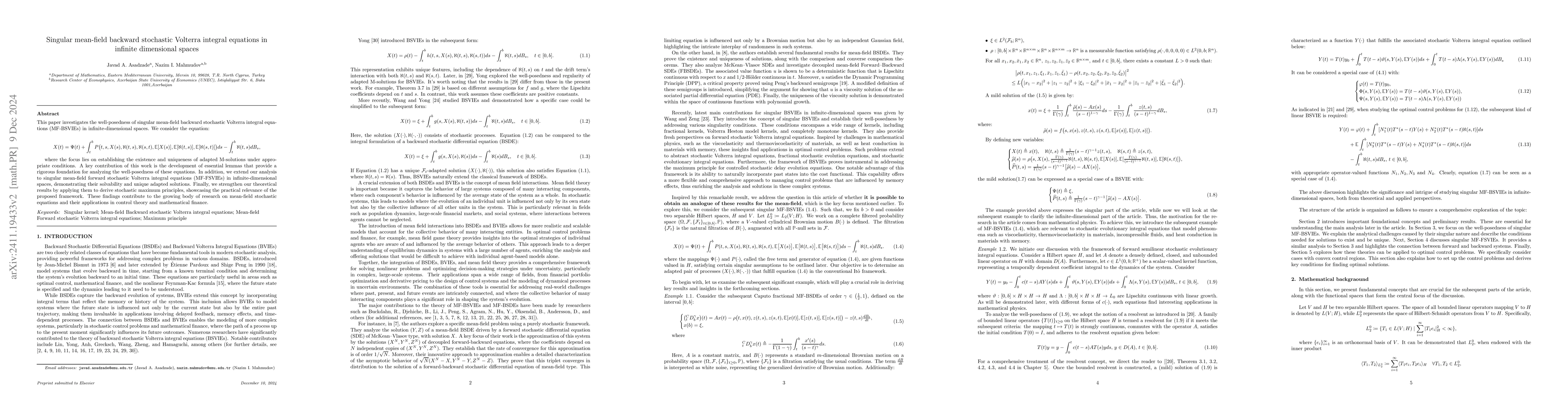 Thumbnail for Singular mean-field backward stochastic Volterra integral equations in
  infinite dimensional spaces