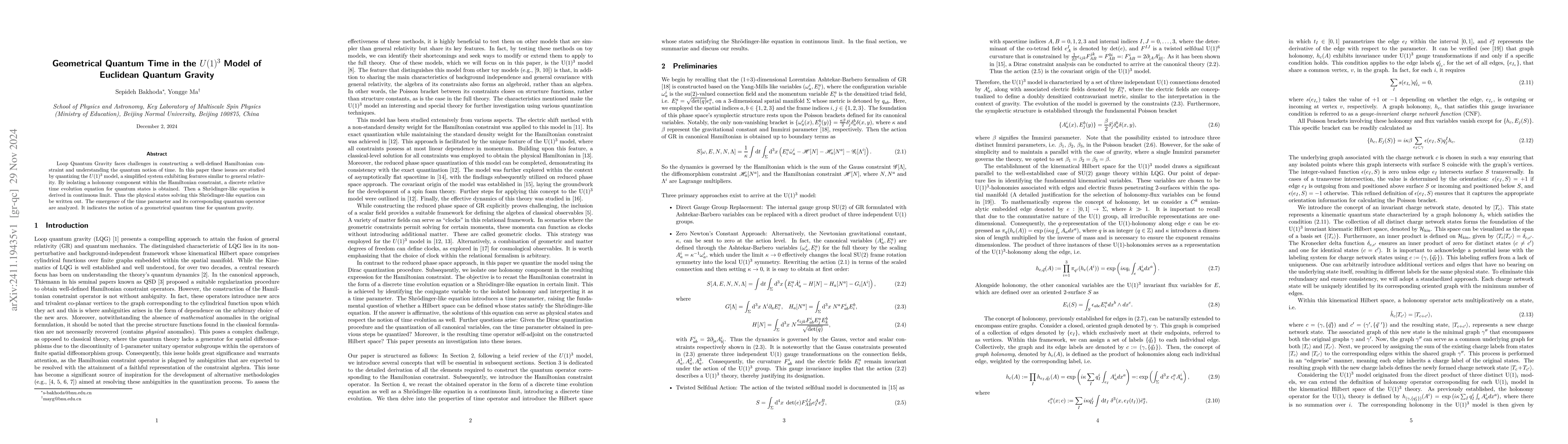 Thumbnail for Geometrical Quantum Time in the $U(1)^3$ Model of Euclidean Quantum
  Gravity