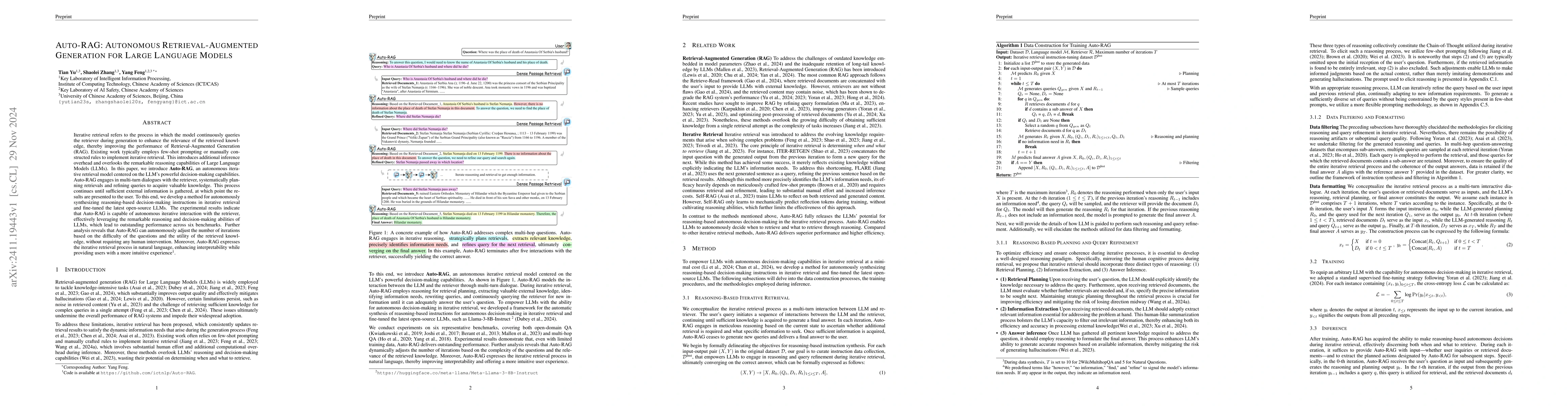Thumbnail for Auto-RAG: Autonomous Retrieval-Augmented Generation for Large Language
  Models