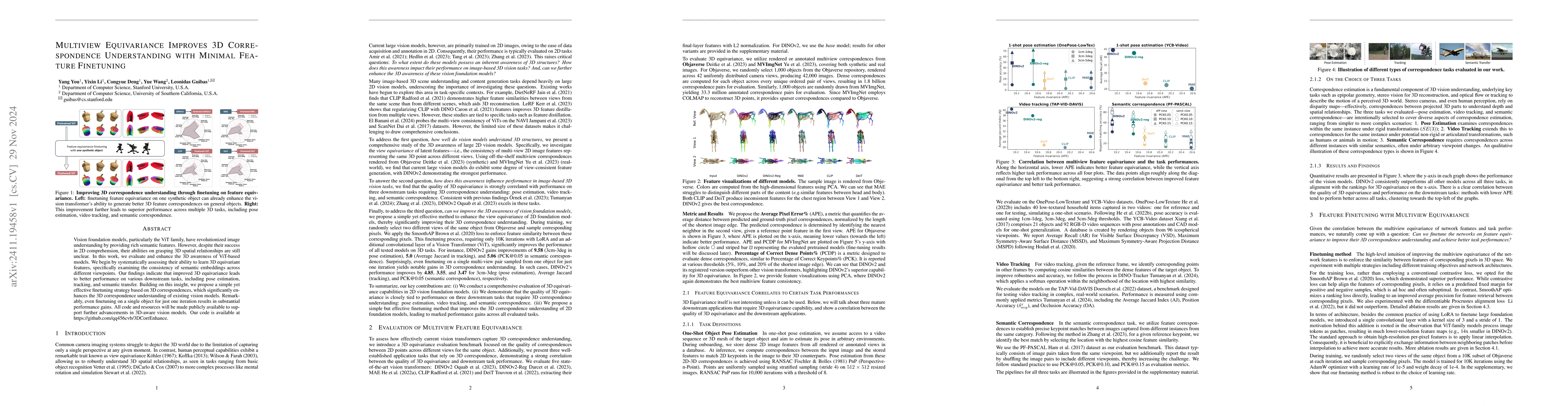 Thumbnail for Multiview Equivariance Improves 3D Correspondence Understanding with
  Minimal Feature Finetuning