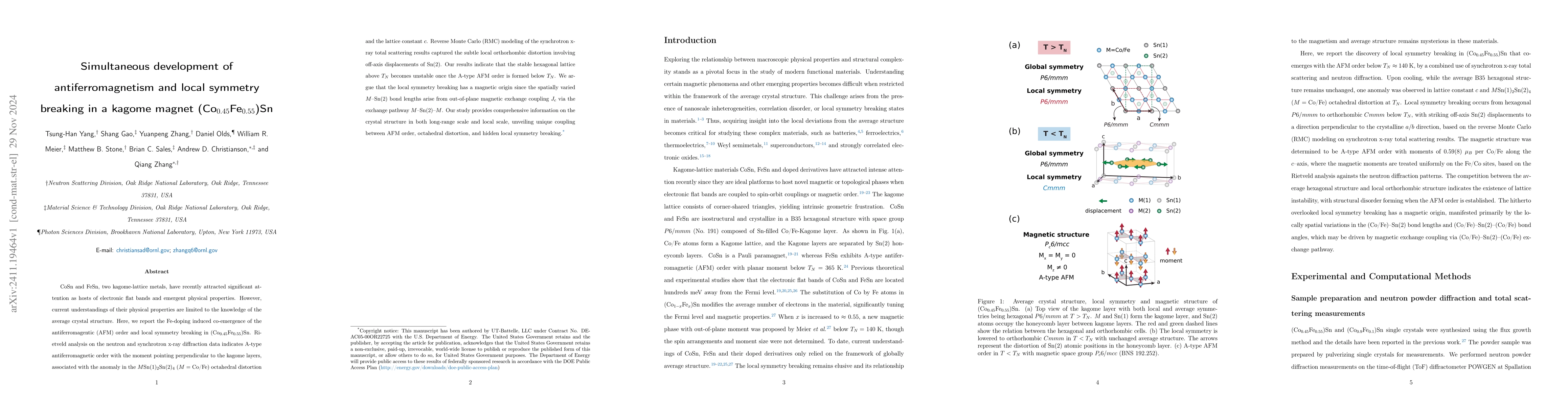 Thumbnail for Simultaneous development of antiferromagnetism and local symmetry
  breaking in a kagome magnet (Co$_{0.45}$Fe$_{0.55}$)Sn