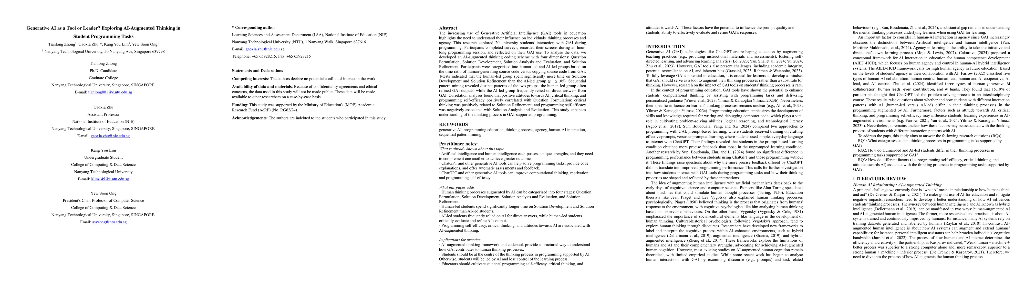 Thumbnail for Generative AI as a Tool or Leader? Exploring AI-Augmented Thinking in
  Student Programming Tasks