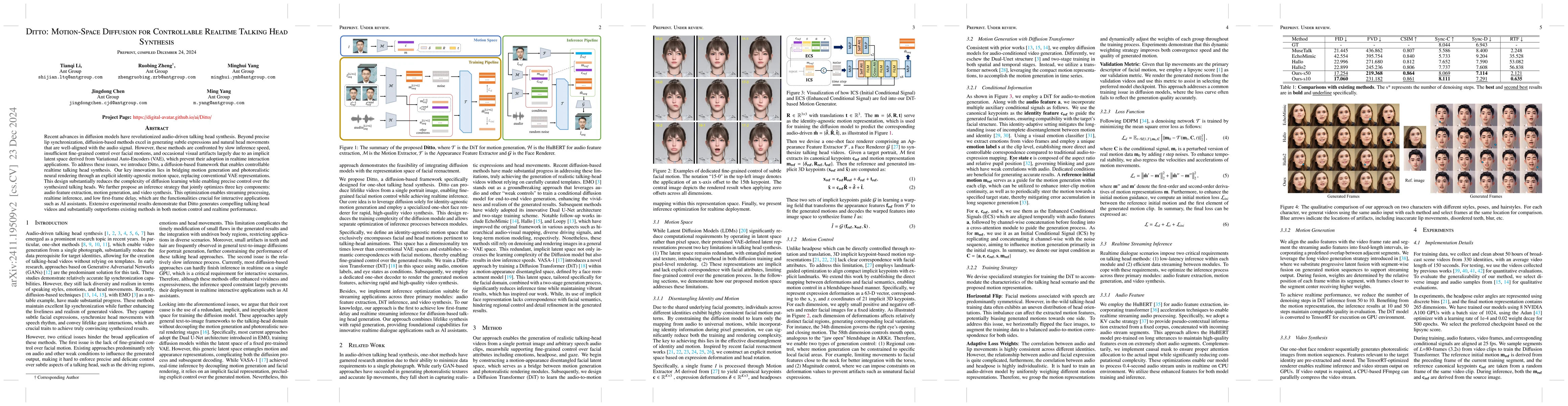 Thumbnail for Ditto: Motion-Space Diffusion for Controllable Realtime Talking Head
  Synthesis