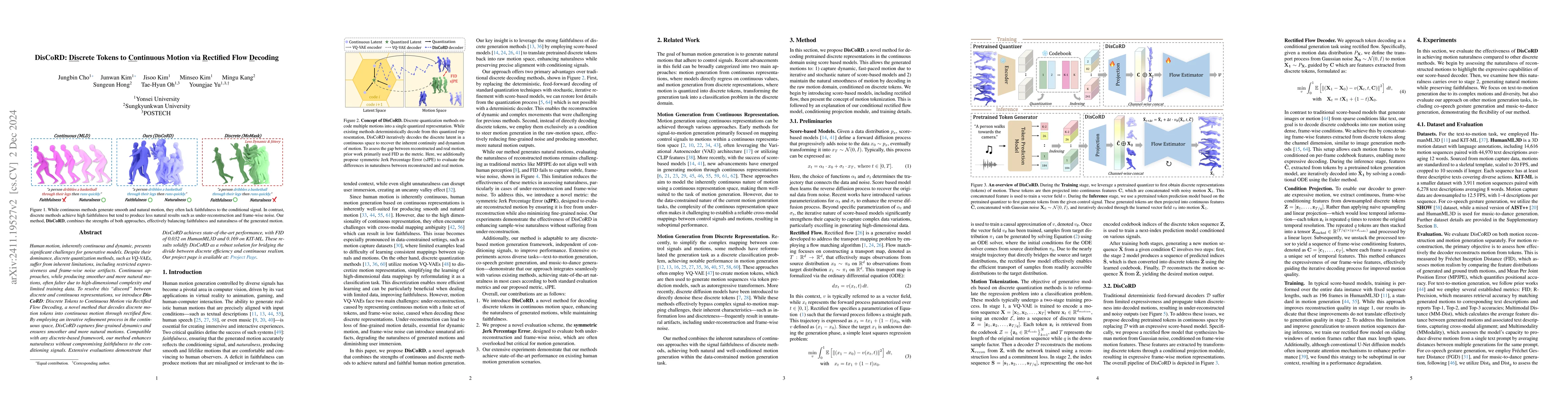Thumbnail for DisCoRD: Discrete Tokens to Continuous Motion via Rectified Flow
  Decoding