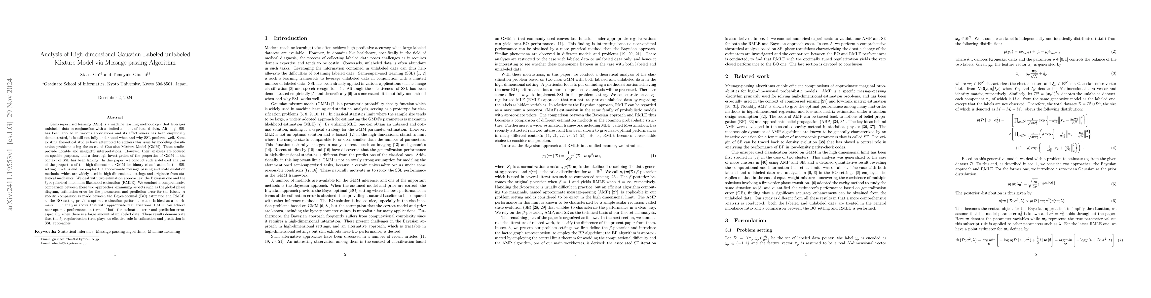 Thumbnail for Analysis of High-dimensional Gaussian Labeled-unlabeled Mixture Model
  via Message-passing Algorithm