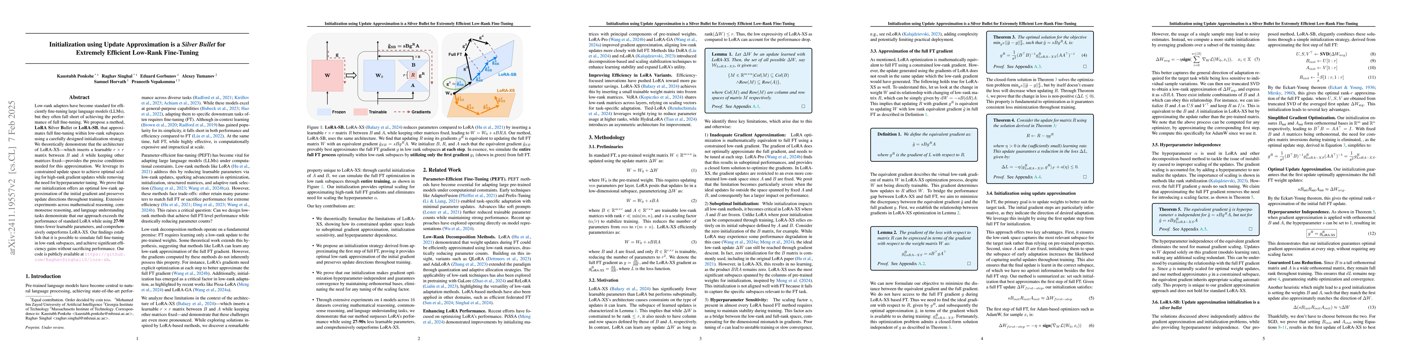 Thumbnail for Initialization using Update Approximation is a Silver Bullet for
  Extremely Efficient Low-Rank Fine-Tuning