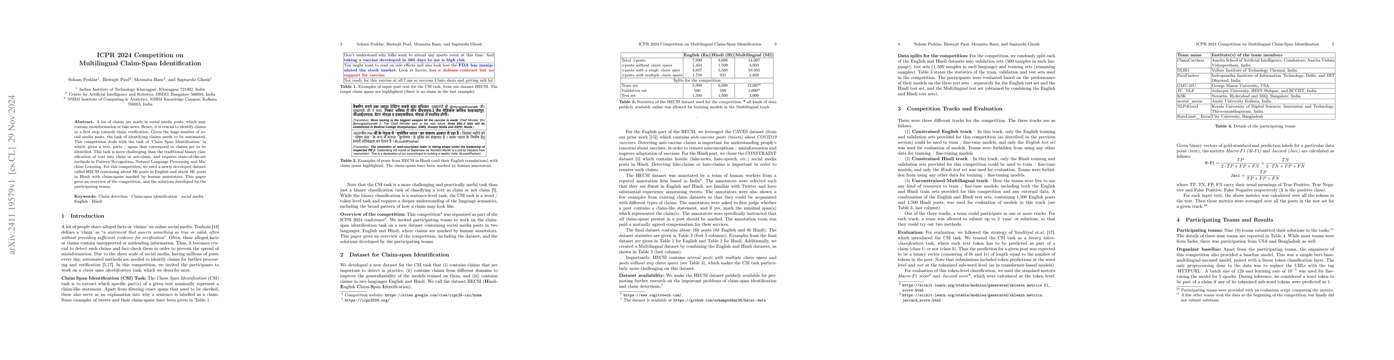 Thumbnail for ICPR 2024 Competition on Multilingual Claim-Span Identification