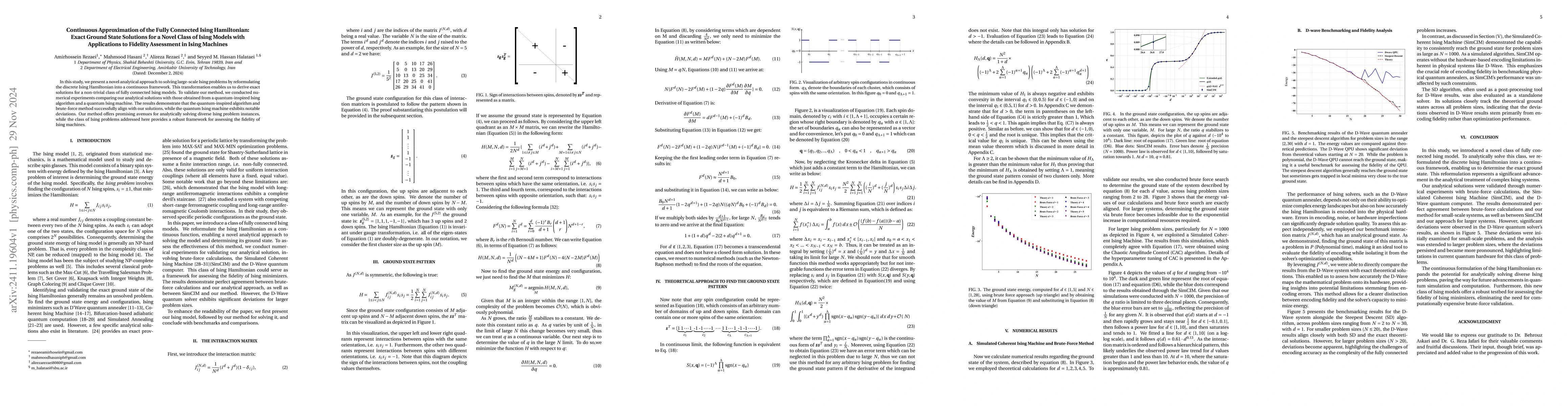 Thumbnail for Continuous Approximation of the Fully Connected Ising Hamiltonian: Exact
  Ground State Solutions for a Novel Class of Ising Models with Applications to
  Fidelity Assessment in Ising Machines