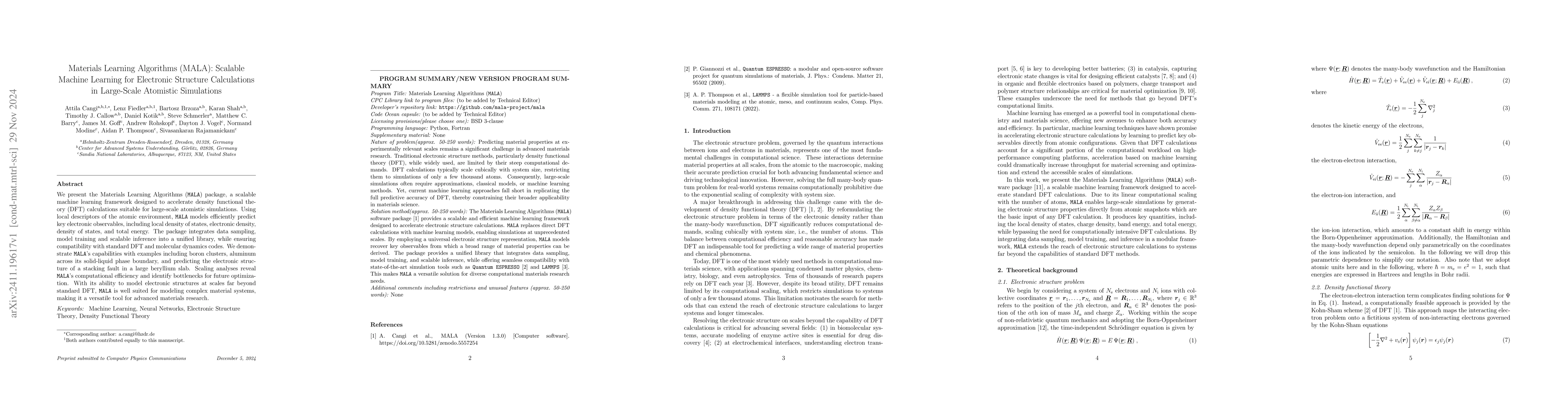 Thumbnail for Materials Learning Algorithms (MALA): Scalable Machine Learning for
  Electronic Structure Calculations in Large-Scale Atomistic Simulations
