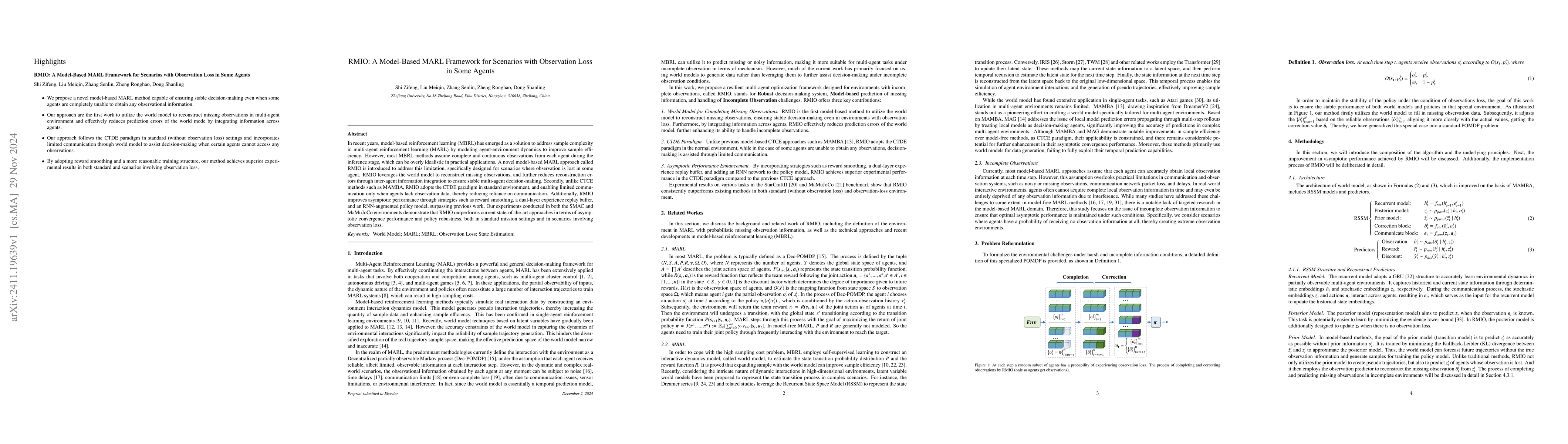 Thumbnail for RMIO: A Model-Based MARL Framework for Scenarios with Observation Loss
  in Some Agents