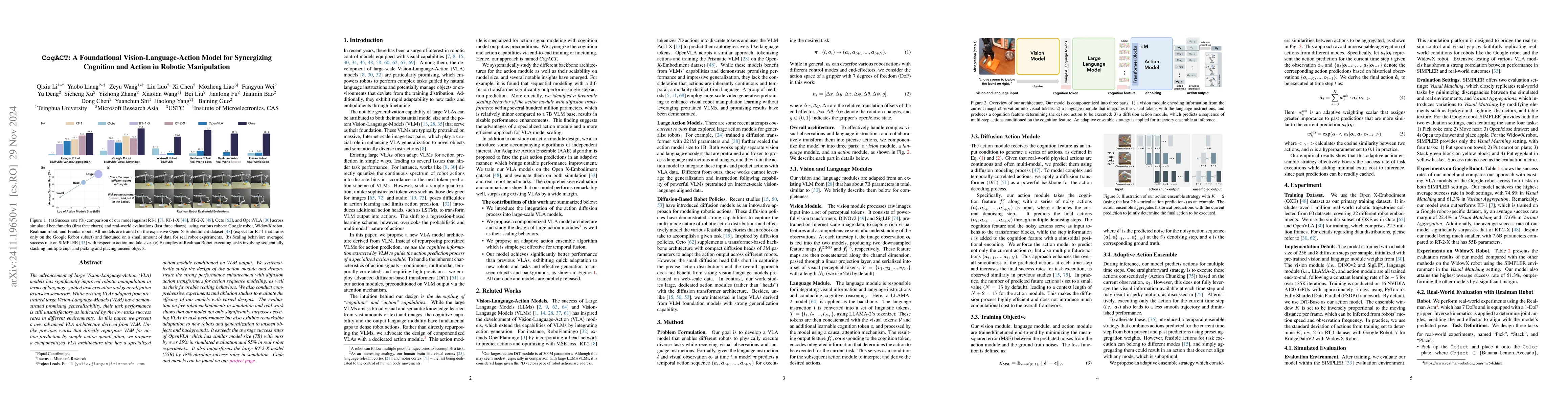 Thumbnail for CogACT: A Foundational Vision-Language-Action Model for Synergizing
  Cognition and Action in Robotic Manipulation