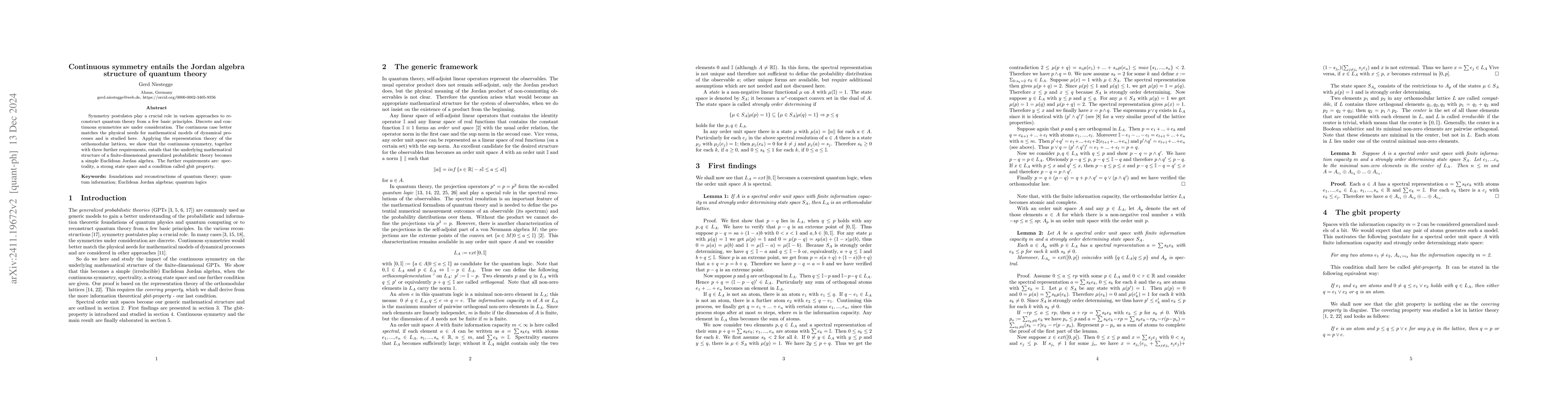 Thumbnail for Continuous symmetry entails the Jordan algebra structure of quantum
  theory