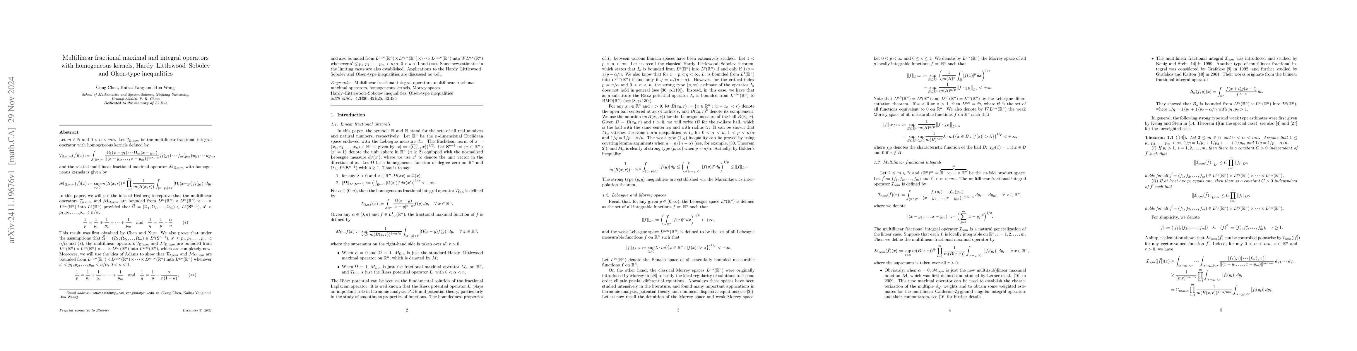 Thumbnail for Multilinear fractional maximal and integral operators with homogeneous
  kernels, Hardy--Littlewood--Sobolev and Olsen-type inequalities