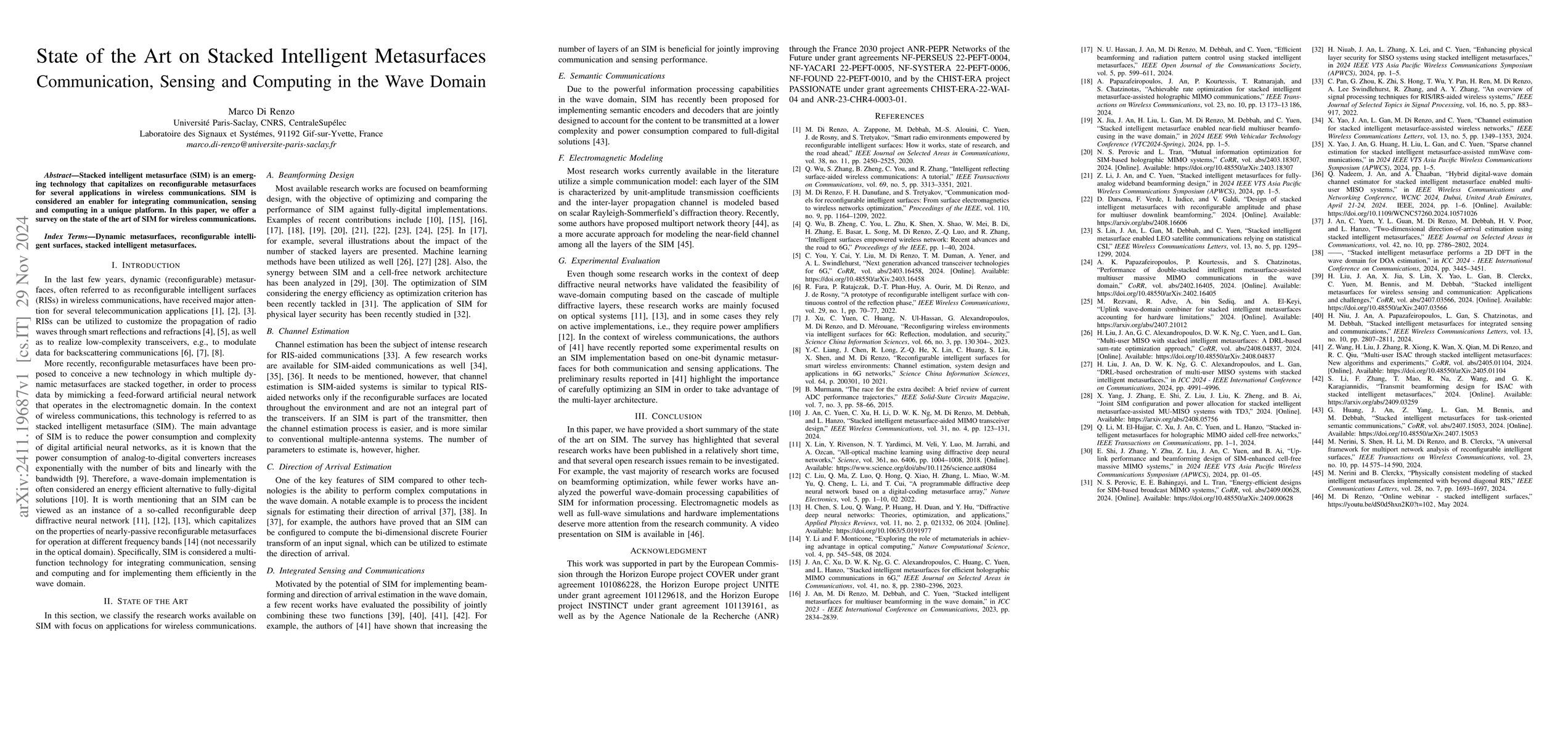Thumbnail for State of the Art on Stacked Intelligent Metasurfaces: Communication,
  Sensing and Computing in the Wave Domain
