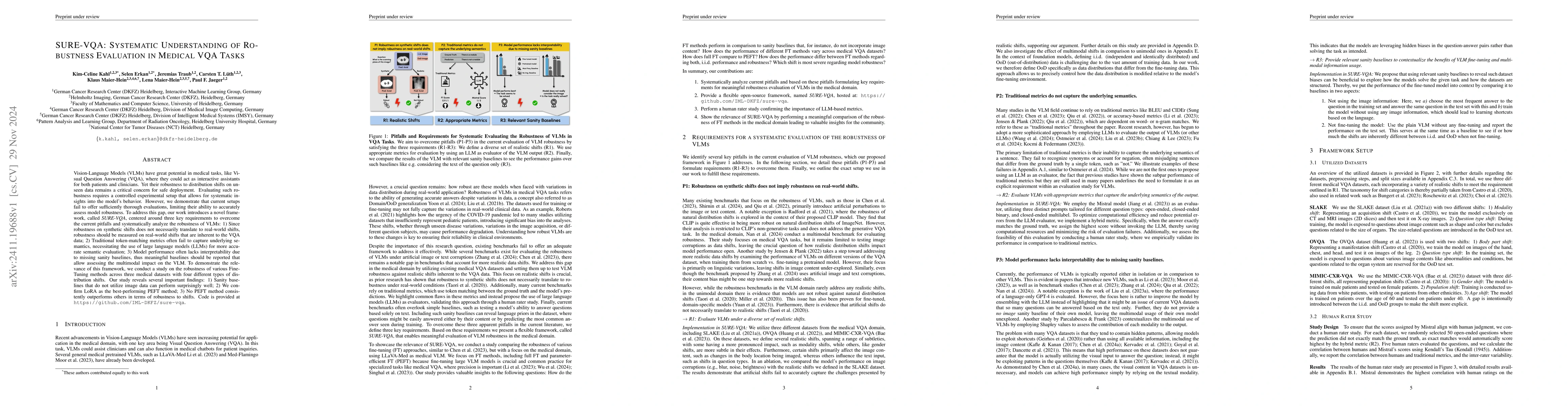Thumbnail for SURE-VQA: Systematic Understanding of Robustness Evaluation in Medical
  VQA Tasks