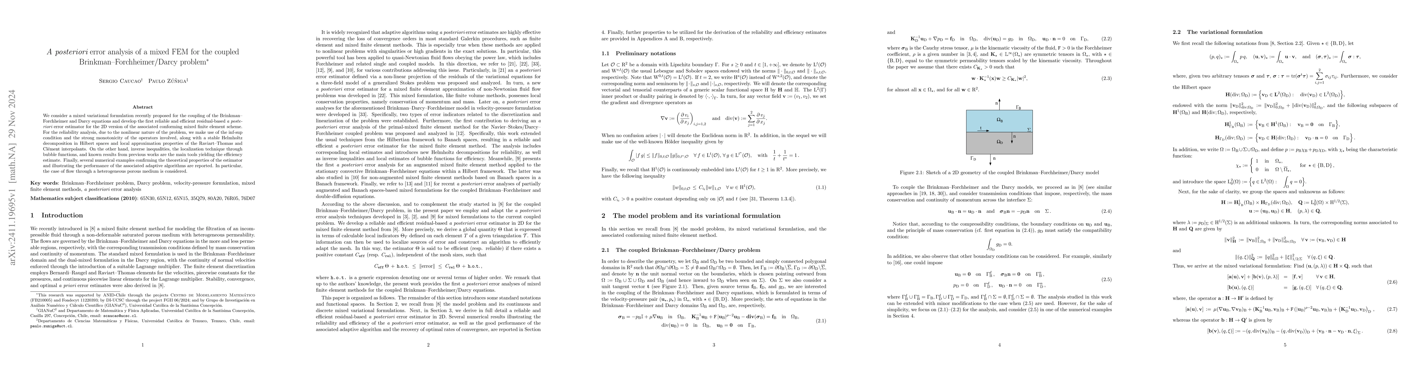 Thumbnail for A posteriori error analysis of a mixed FEM for the coupled
  Brinkman-Forchheimer/Darcy problem