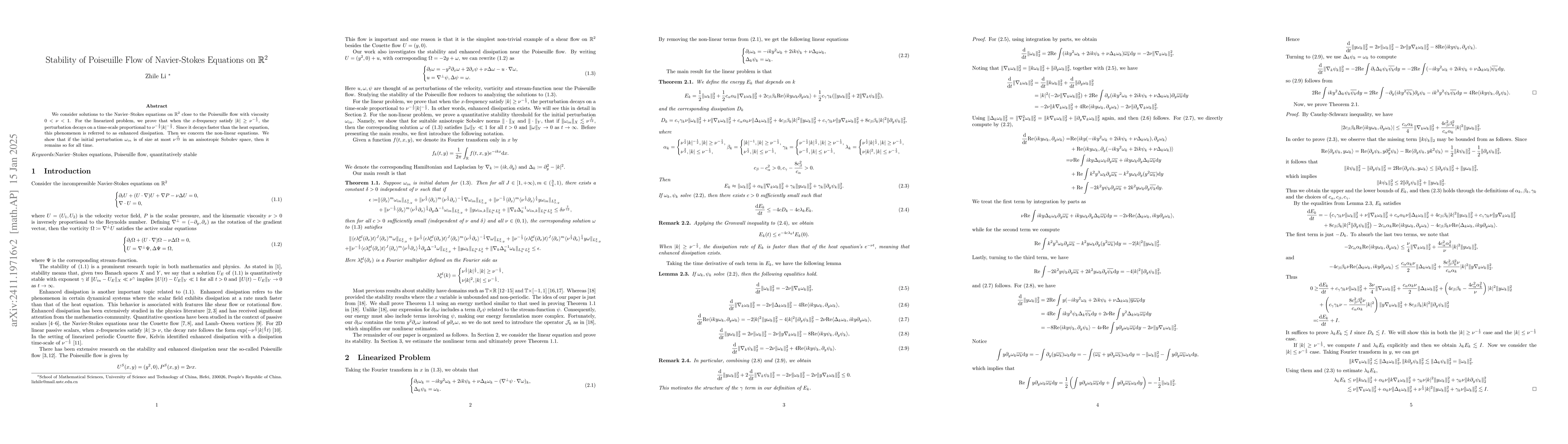 Thumbnail for Stability of Poiseuille Flow of Navier-Stokes Equations on
  $\mathbb{R}^2$