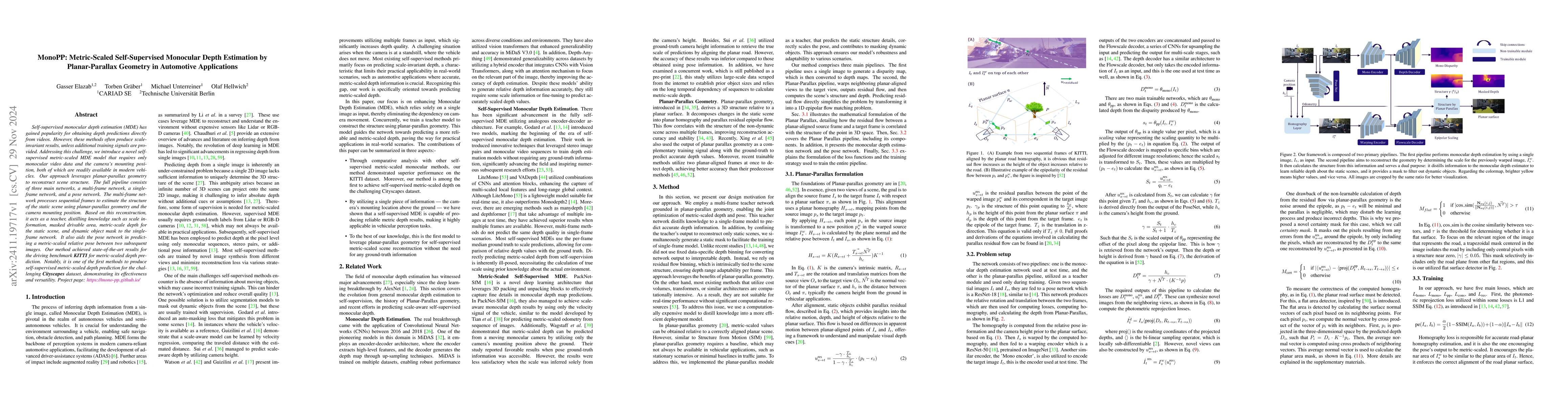 Thumbnail for MonoPP: Metric-Scaled Self-Supervised Monocular Depth Estimation by
  Planar-Parallax Geometry in Automotive Applications