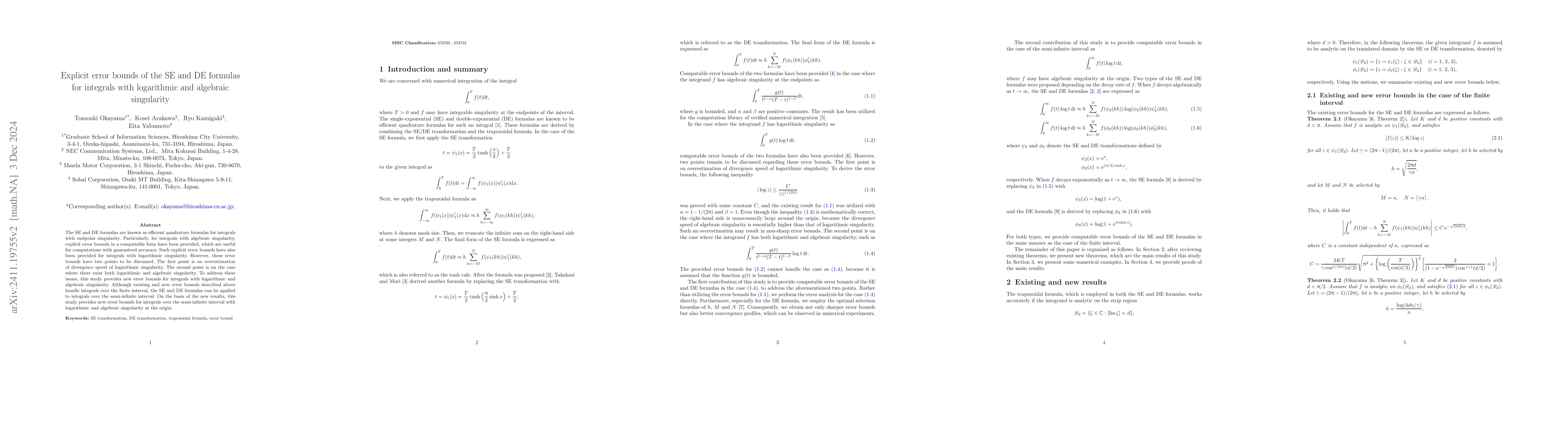 Thumbnail for Explicit error bounds of the SE and DE formulas for integrals with
  logarithmic and algebraic singularity