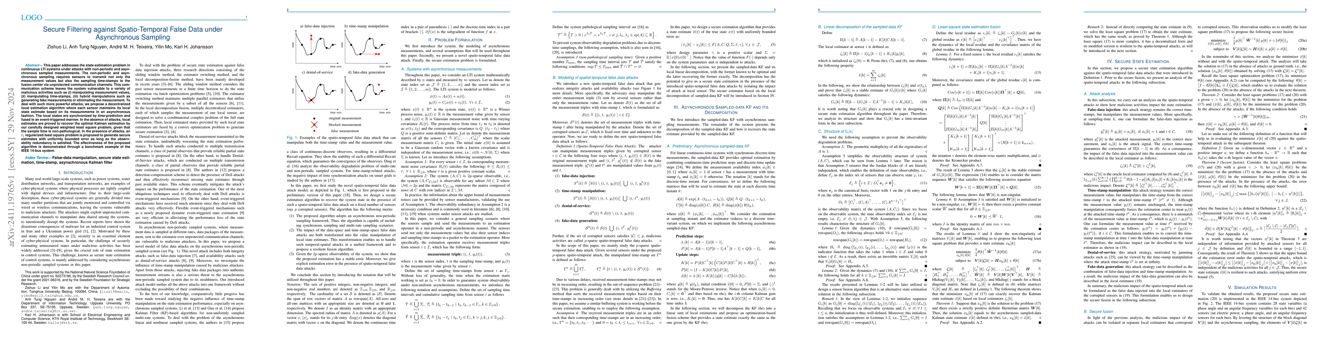 Thumbnail for Secure Filtering against Spatio-Temporal False Data under Asynchronous
  Sampling