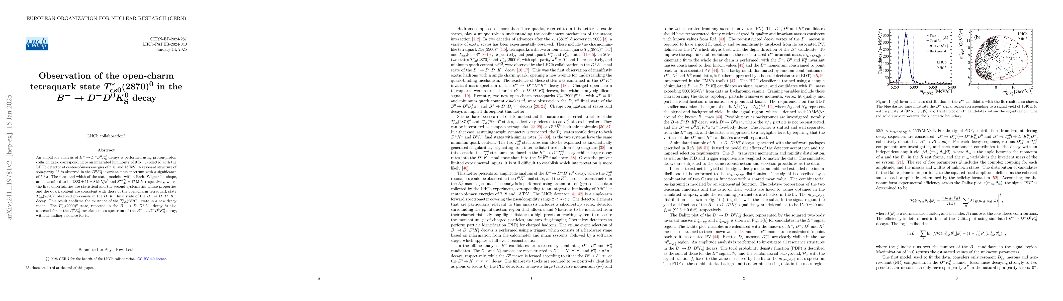 Thumbnail for Observation of the open-charm tetraquark state $T_{cs 0}^{*}(2870)^0$ in
  the $B^- \rightarrow D^- D^0 K_\mathrm{S}^0$ decay