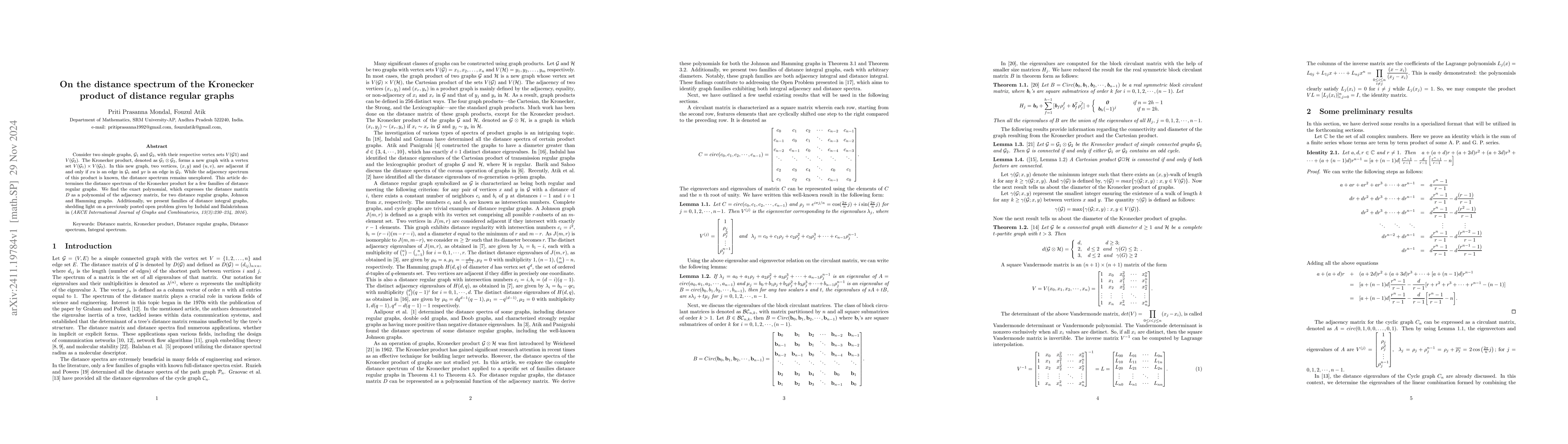 Thumbnail for On the distance spectrum of the Kronecker product of distance regular
  graphs