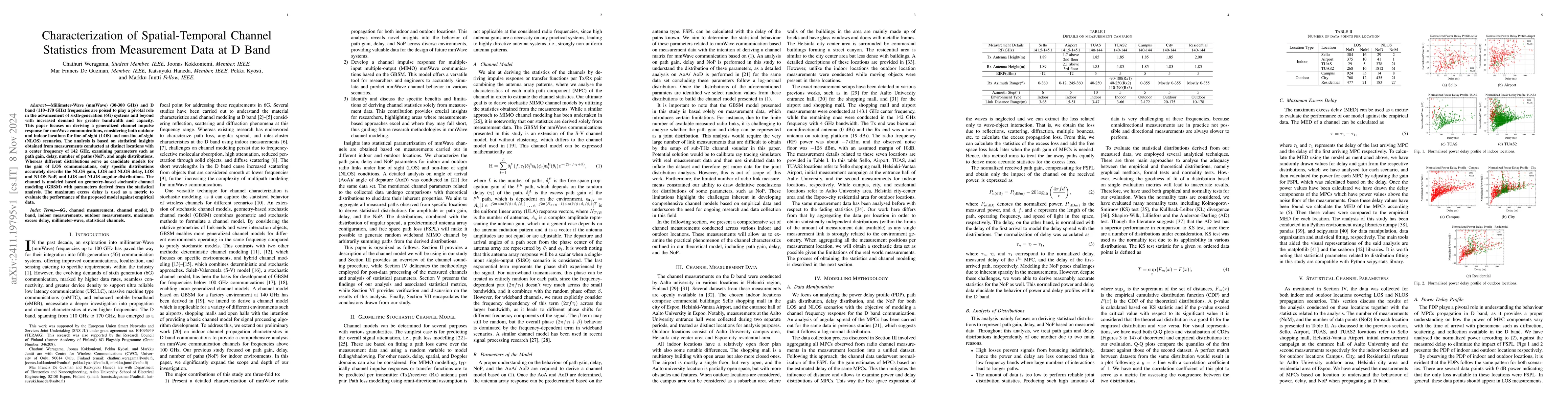 Thumbnail for Characterization of Spatial-Temporal Channel Statistics from Measurement
  Data at D Band