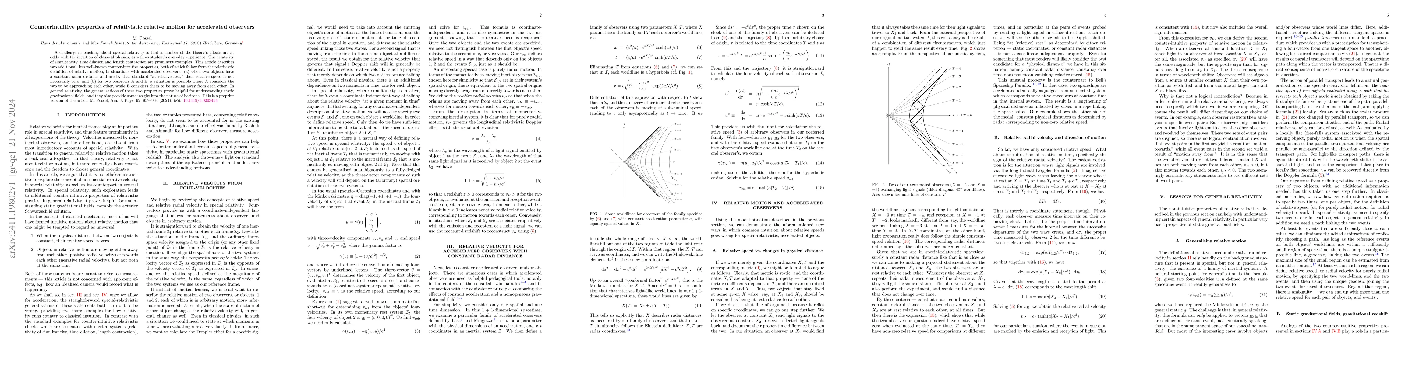 Thumbnail for Counterintuitive properties of relativistic relative motion for
  accelerated observers