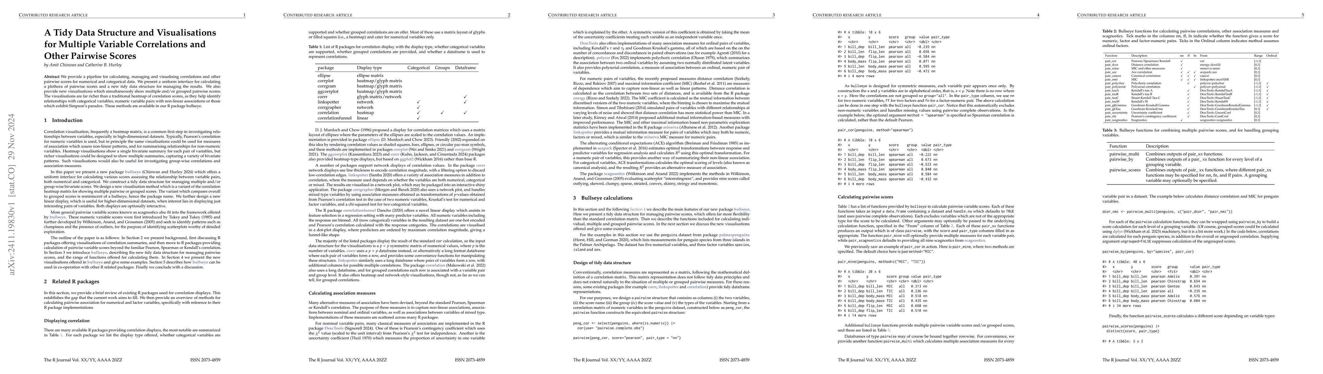 Thumbnail for A Tidy Data Structure and Visualisations for Multiple Variable
  Correlations and Other Pairwise Scores