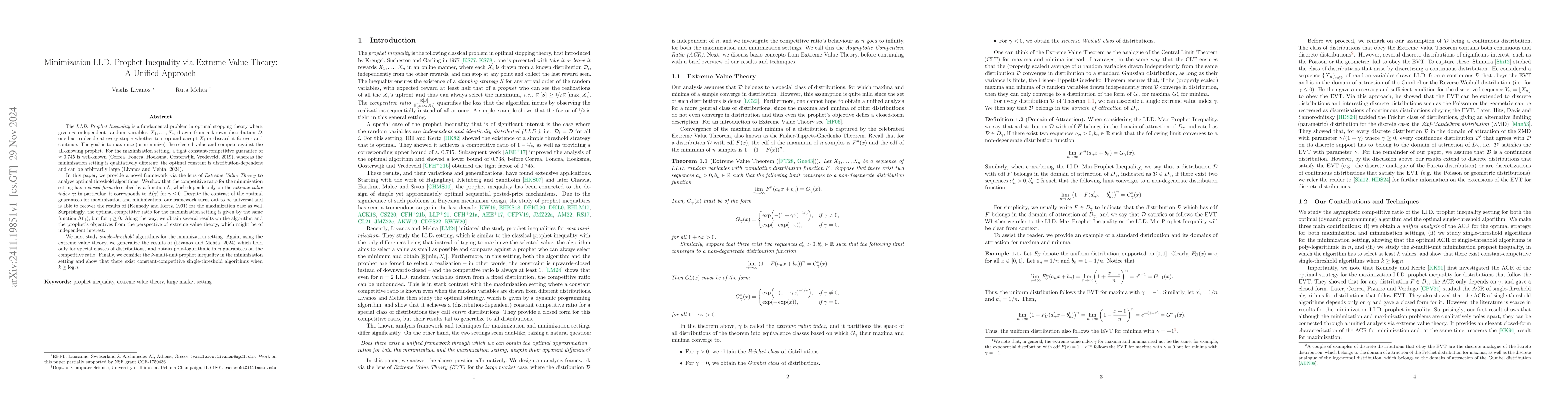 Thumbnail for Minimization I.I.D. Prophet Inequality via Extreme Value Theory: A
  Unified Approach