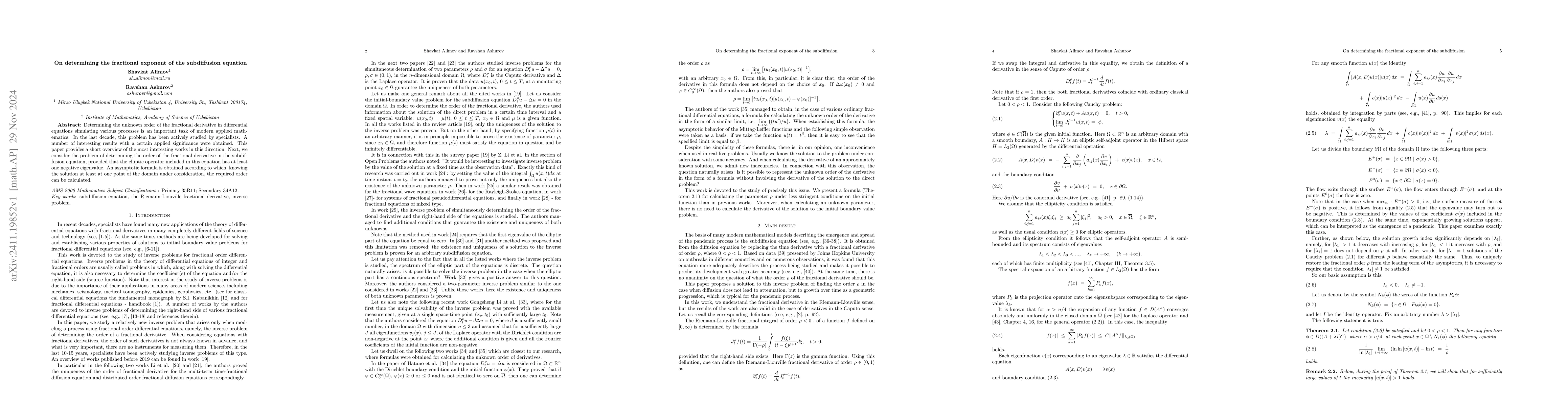 Thumbnail for On determining the fractional exponent of the subdiffusion equation