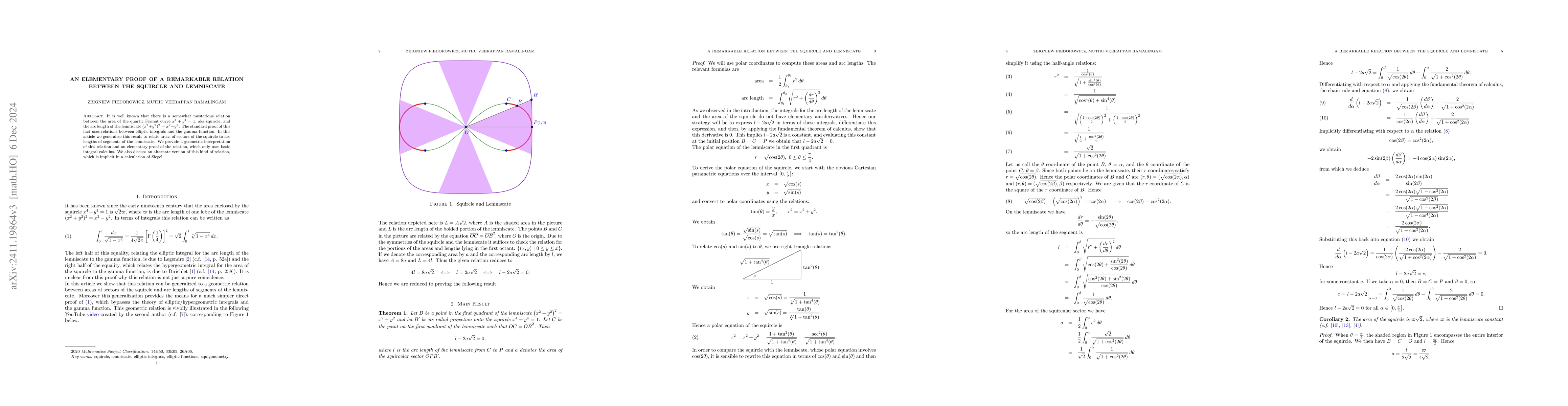 Thumbnail for An Elementary Proof of a Remarkable Relation Between the Squircle and
  Lemniscate