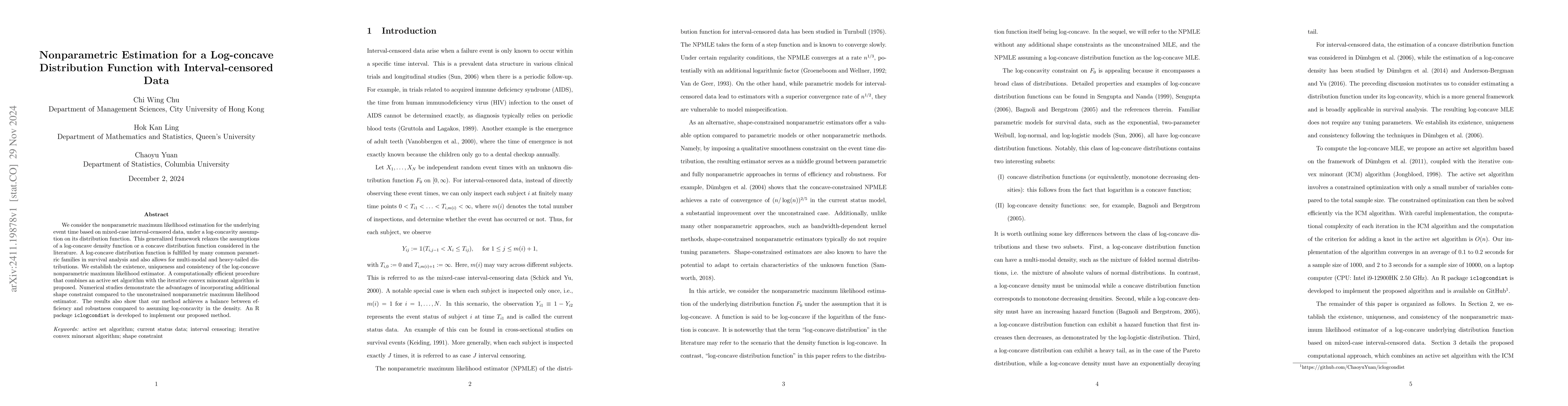Thumbnail for Nonparametric Estimation for a Log-concave Distribution Function with
  Interval-censored Data