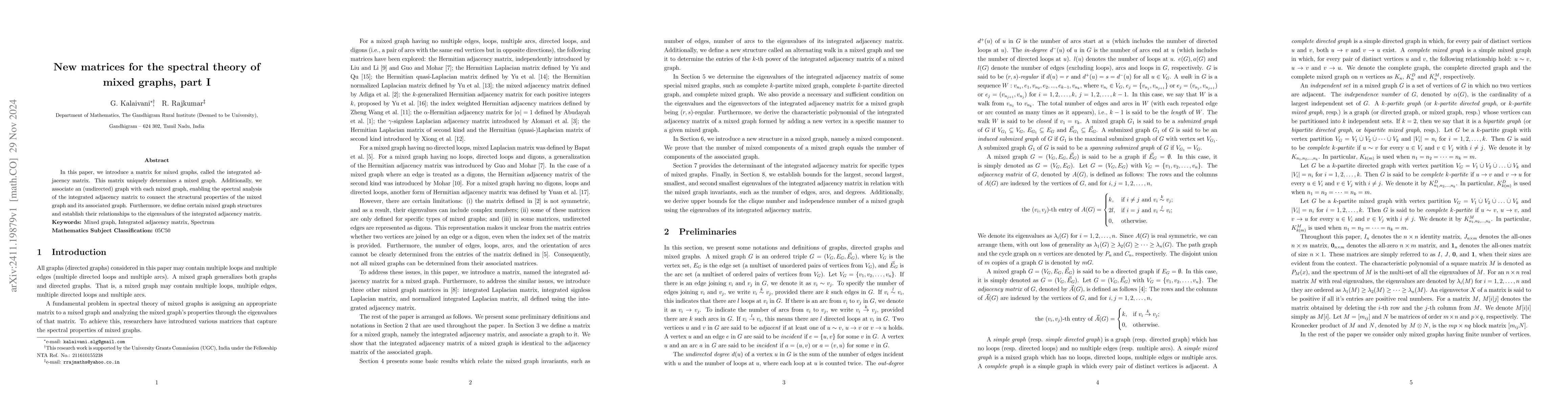 Thumbnail for New matrices for the spectral theory of mixed graphs, part I