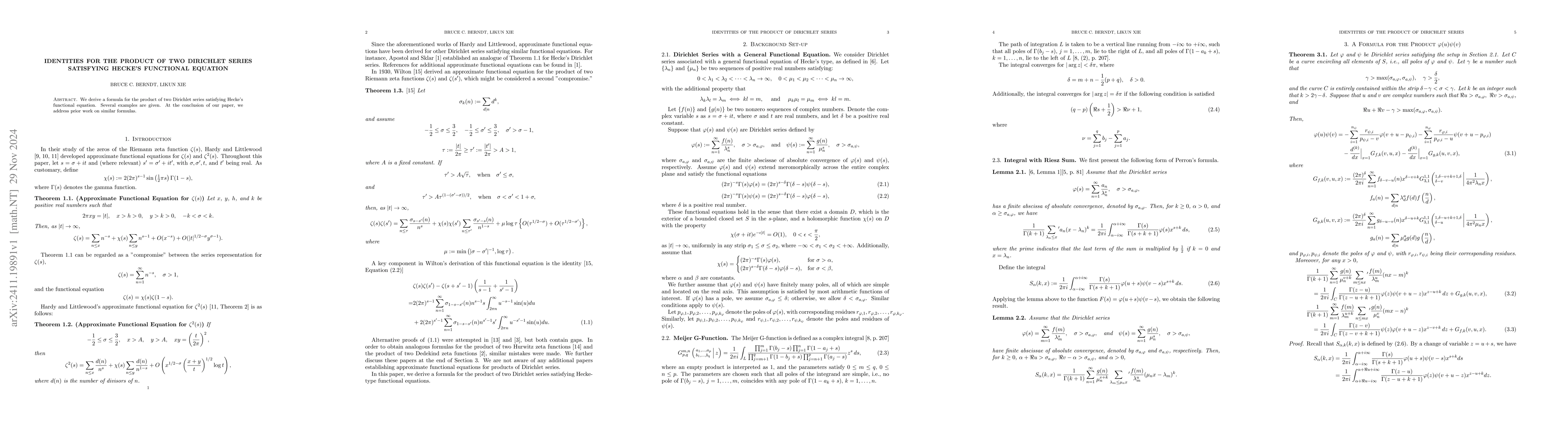Thumbnail for Identities for the product of Two Dirichlet Series Satisfying Hecke's
  Functional Equation