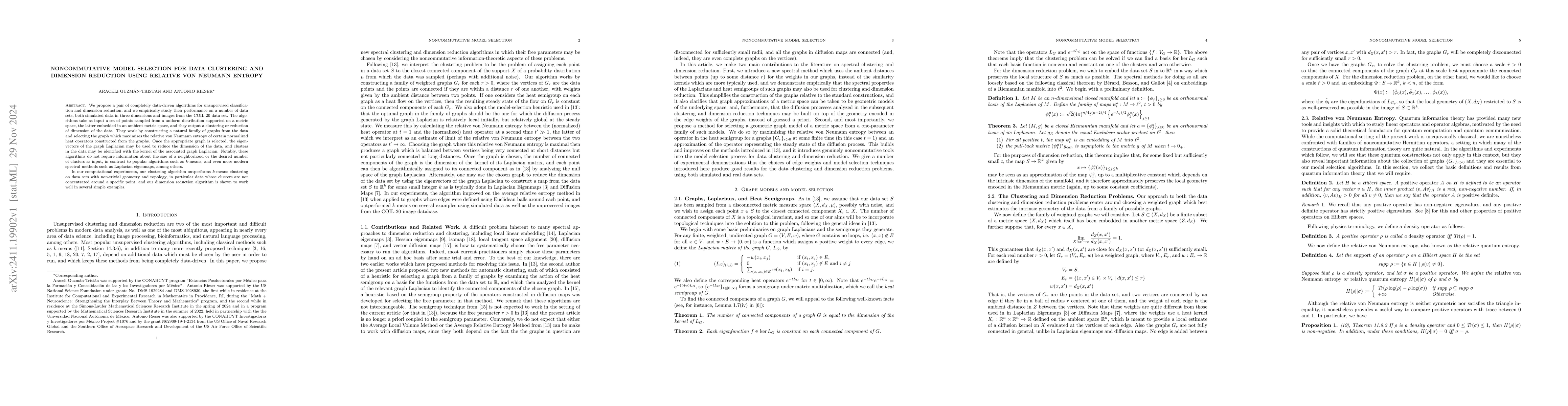 Thumbnail for Noncommutative Model Selection for Data Clustering and Dimension
  Reduction Using Relative von Neumann Entropy