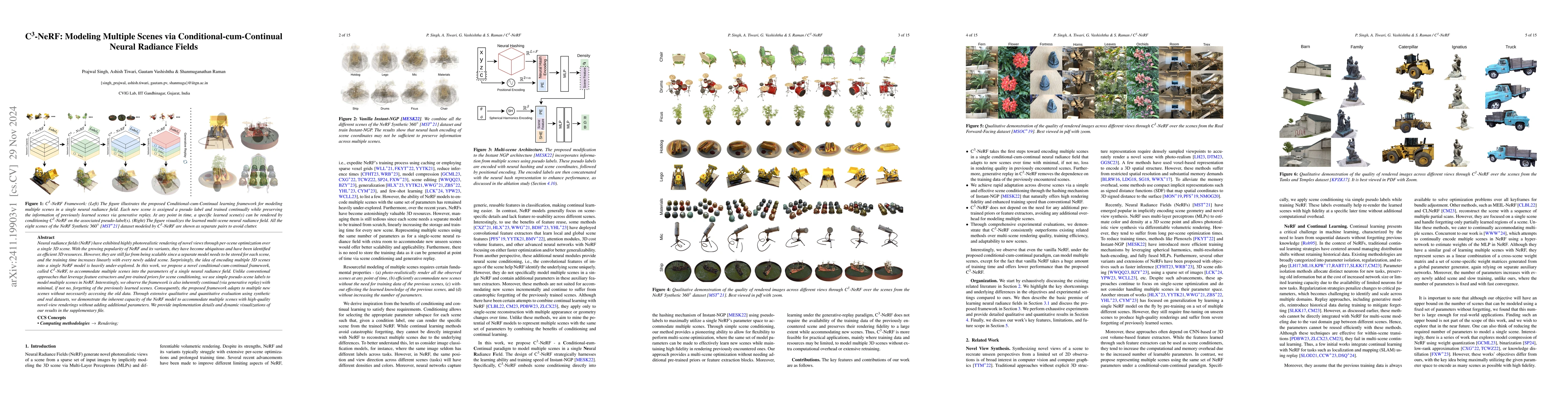 Thumbnail for $C^{3}$-NeRF: Modeling Multiple Scenes via Conditional-cum-Continual
  Neural Radiance Fields