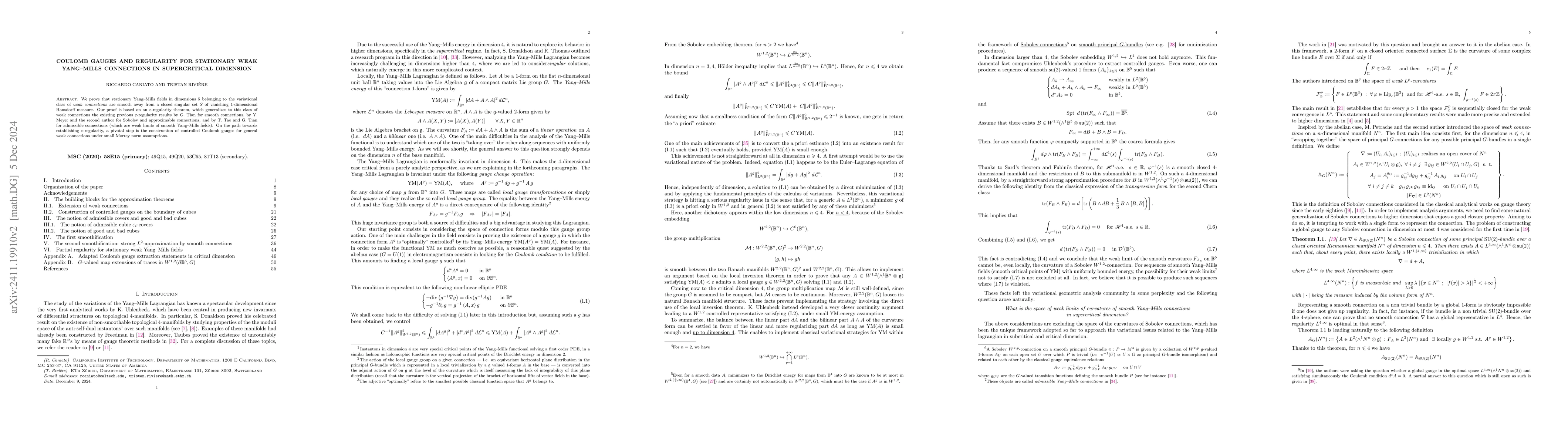 Thumbnail for Coulomb Gauges and Regularity for Stationary Weak Yang$-$Mills
  Connections in Supercritical Dimension