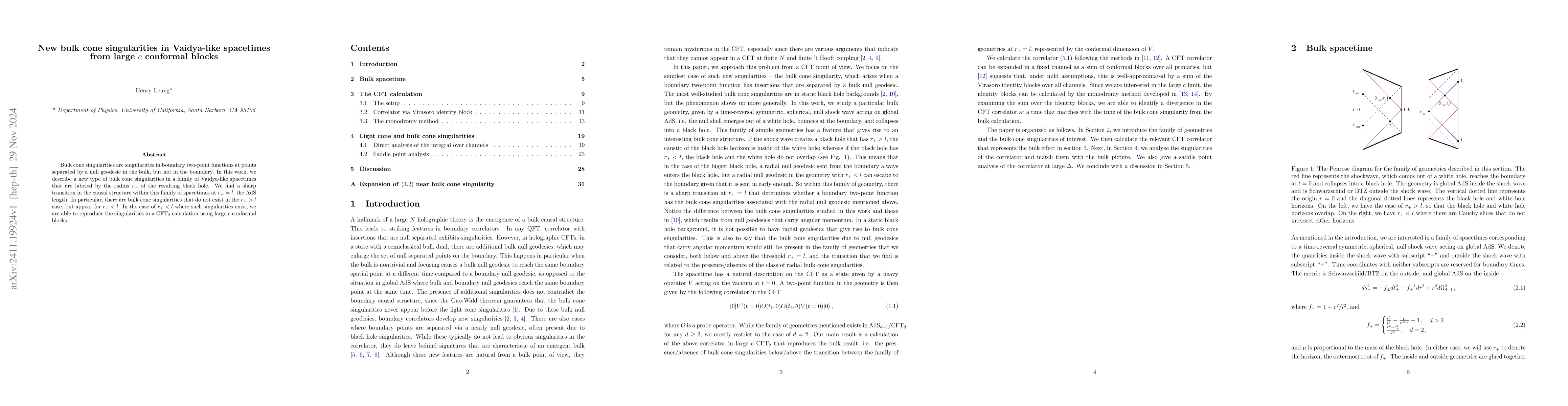Thumbnail for New bulk cone singularities in Vaidya-like spacetimes from large $c$
  conformal blocks