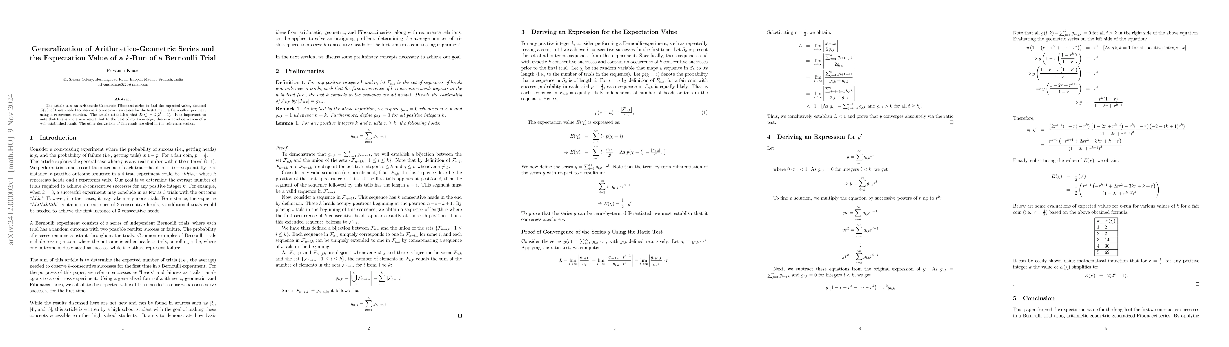 Thumbnail for Generalization of Arithmetico-Geometric Series and the Expectation Value
  of a $k$-Run of a Bernoulli Trial