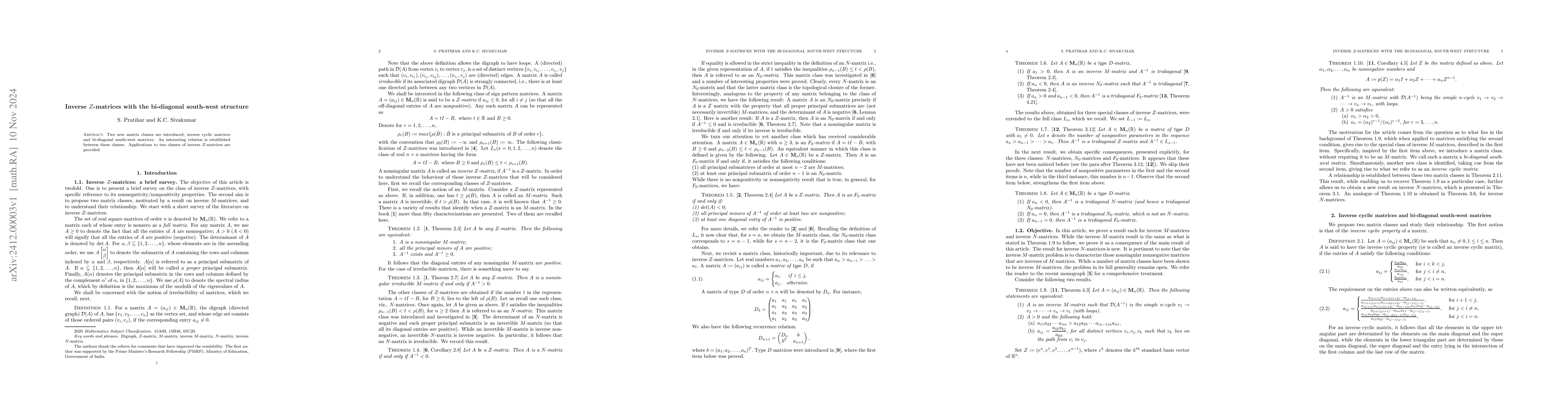 Thumbnail for Inverse $Z$-matrices with the bi-diagonal south-west structure