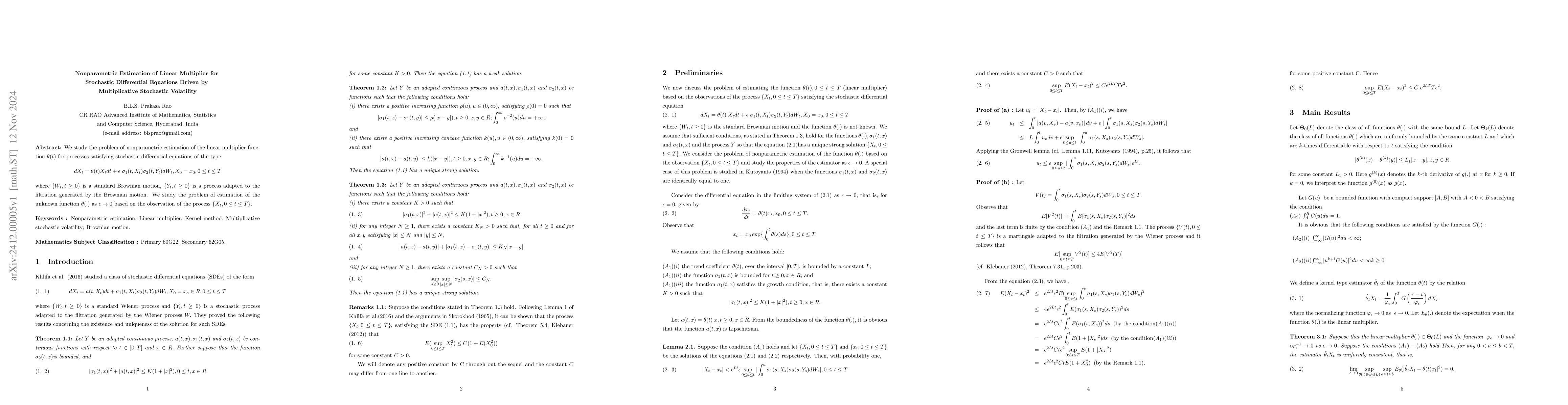 Thumbnail for Nonparametric estimation of linear multiplier for stochastic
  differential equations driven by multiplicative stochastic volatility