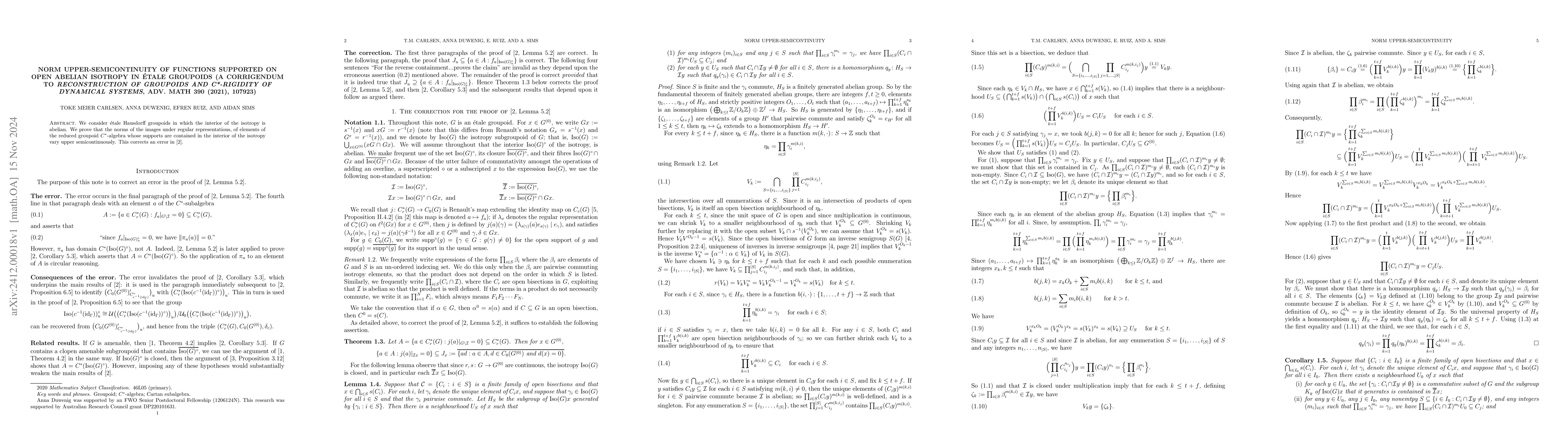 Thumbnail for Norm upper-semicontinuity of functions supported on open abelian
  isotropy in étale groupoids (a corrigendum to "Reconstruction of groupoids
  and C*-rigidity of dynamical systems," Adv. Math 390 (2021), 107923)