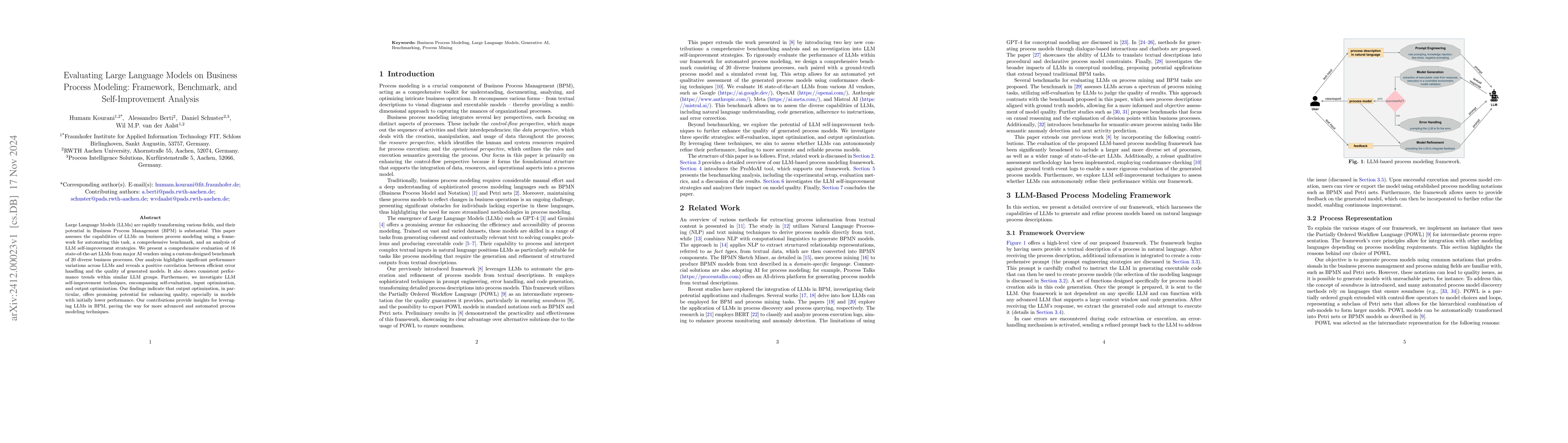 Thumbnail for Evaluating Large Language Models on Business Process Modeling:
  Framework, Benchmark, and Self-Improvement Analysis